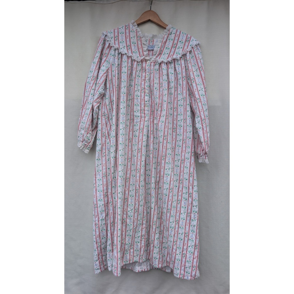 Lanz Of Salzburg Flannel Nightgown Womens XL White Red Stripe Eyelet Lace Maxi